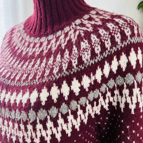 Eddie Bauer Burgundy Red & White Fair Isle Wool Blend Cozy Soft Sweater - Medium - Picture 6 of 9